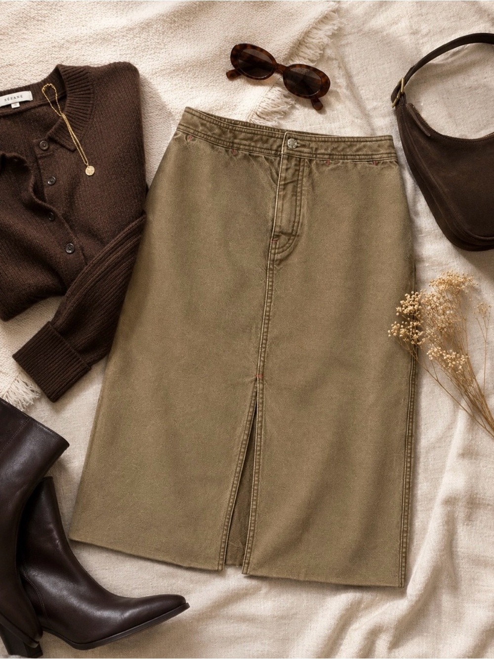 J. Crew Olive Green High Waisted Midi Skirt 100% Cotton